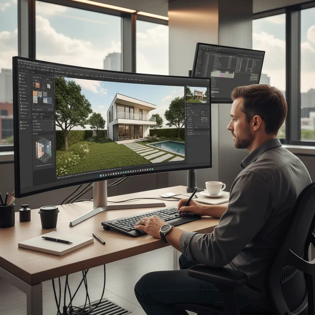 Designer using 3D home software on curved monitor to create a house with garden view
