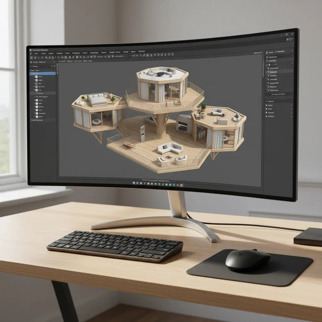 Diseño digital de una casa de árbol en plano 3D