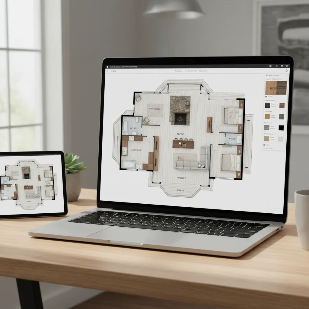 Plano digital de una casa de campo en una aplicación de diseño