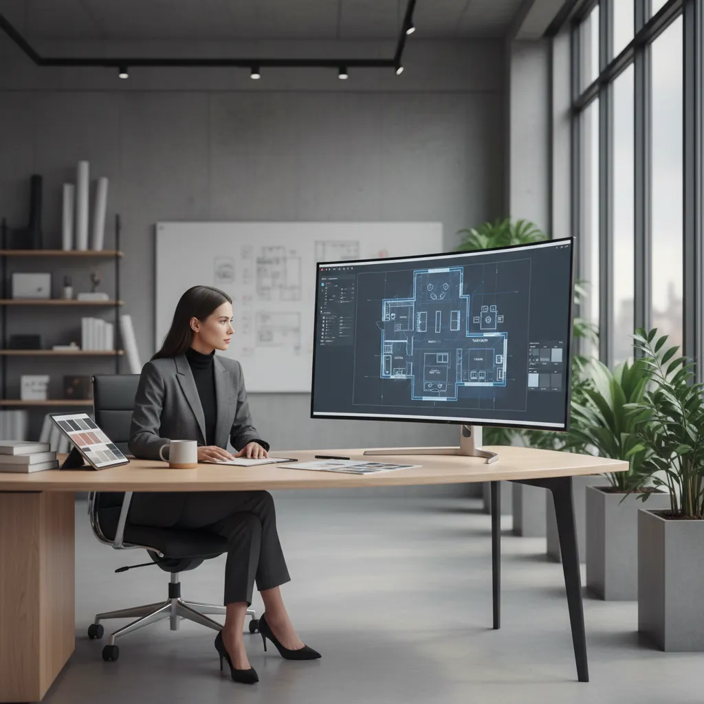 Diseñador revisando un plano digital de vivienda en una pantalla grande