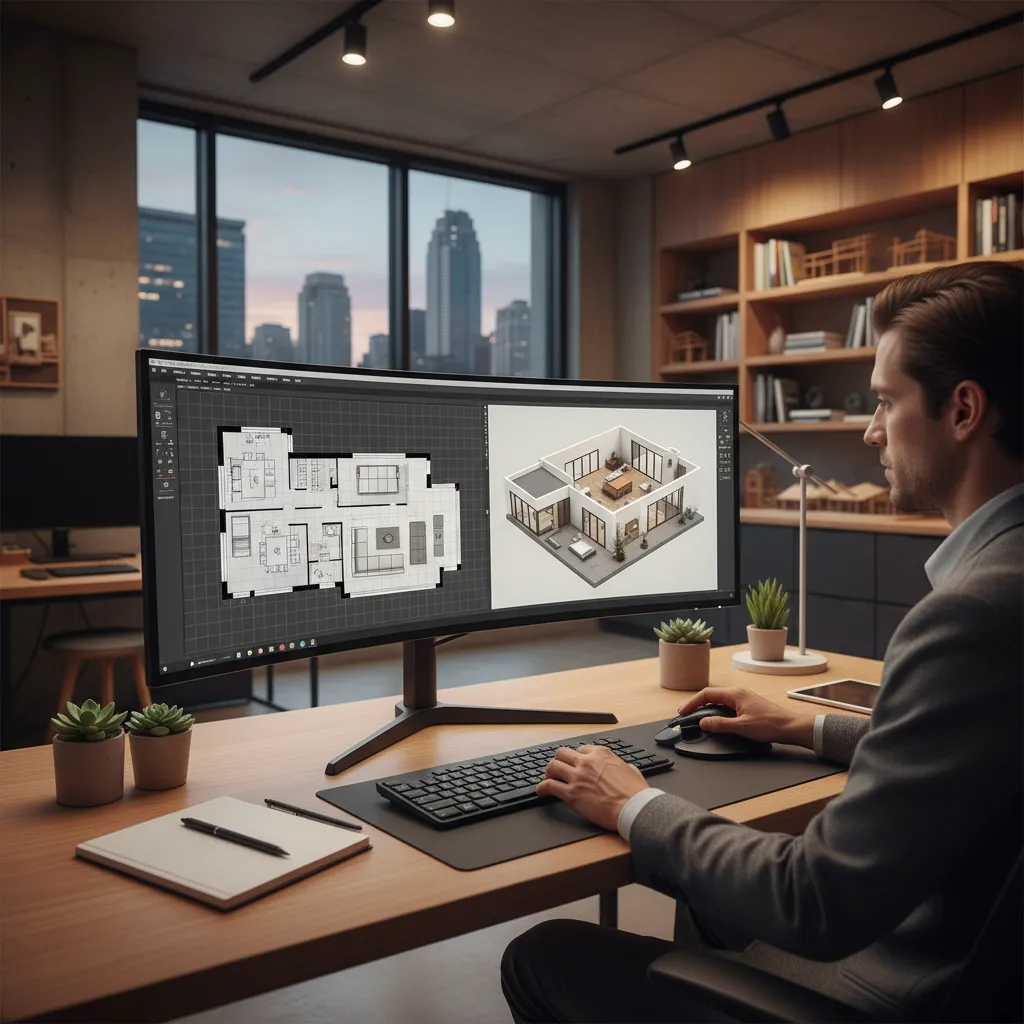 Designer using curved monitor to create 2D floor plan and 3D room interior design drawing