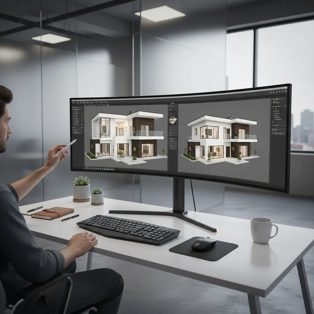 Person using interior design software on a curved monitor to view two white house models