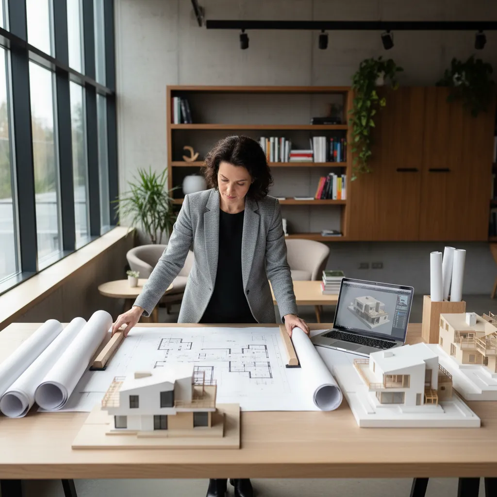Arquitecto revisando planos de una casa moderna en una mesa de trabajo