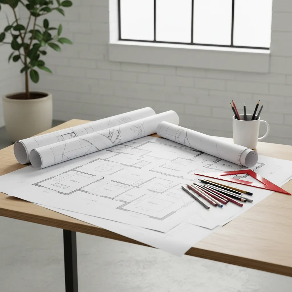 Plano arquitectónico de una casa moderna sobre una mesa de trabajo