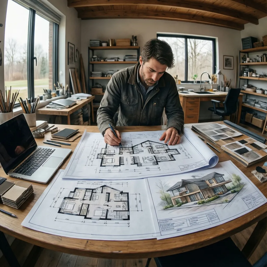 Arquitecto revisando planos de una casa personalizada sobre una mesa de trabajo