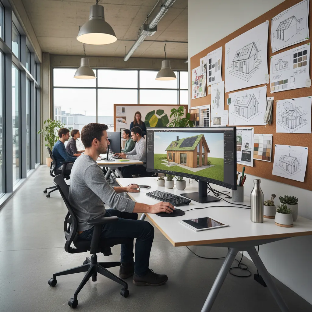 Arquitecto planificando diseño eficiente de vivienda en ordenador
