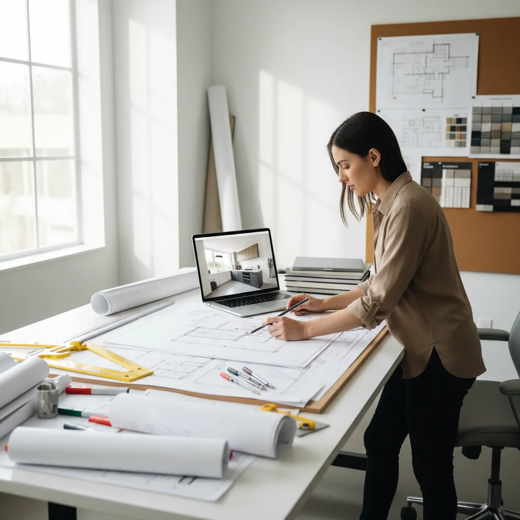 Interior designer drawing a floor plan on a large desk with laptop and design tools