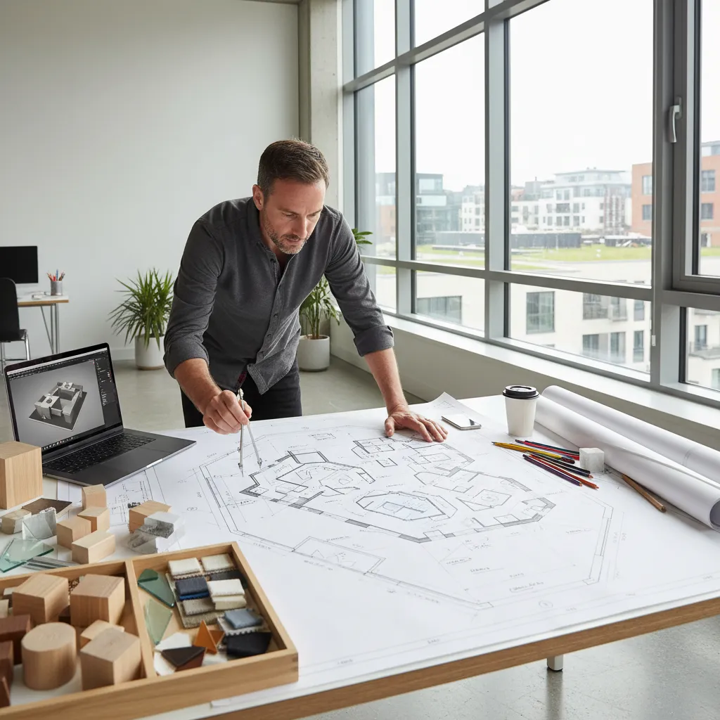 Diseñador revisando plano de casa con forma irregular