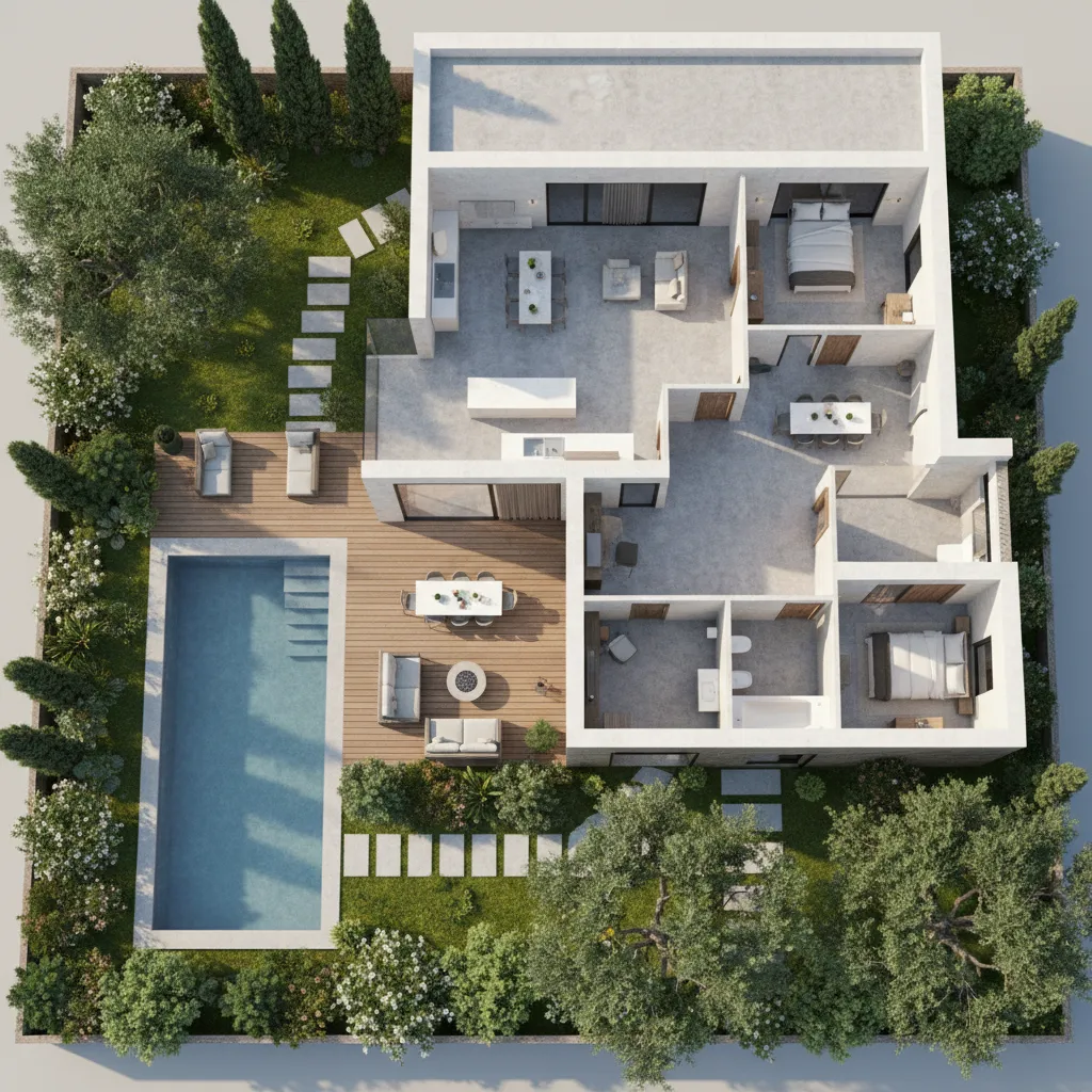 Plano 3D de casa con jardín y terraza
