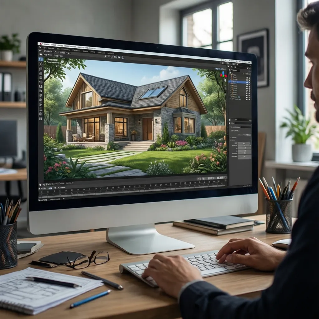 Persona planificando casa y jardín en software de diseño