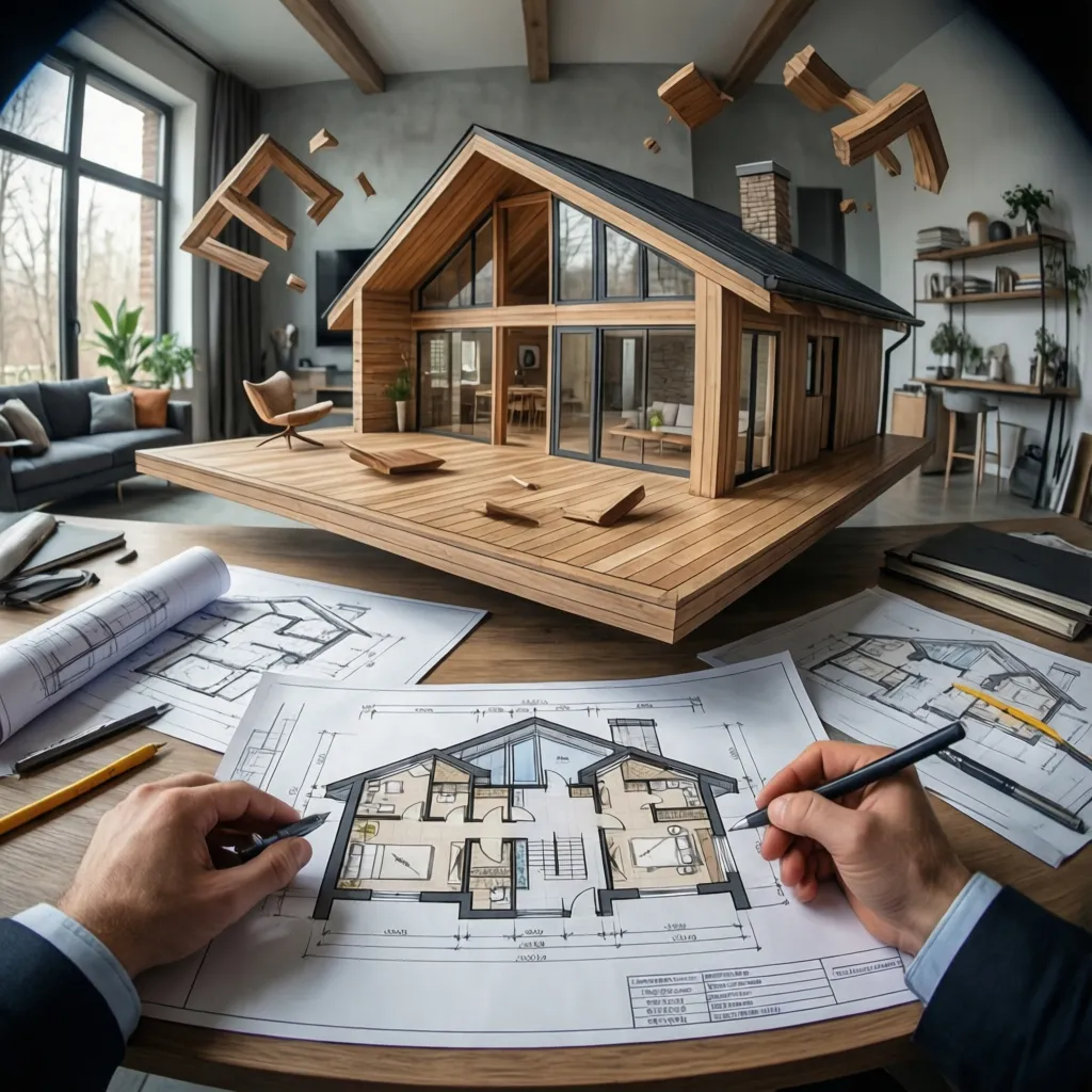 Plano arquitectónico y modelo 3D de una casa moderna de madera