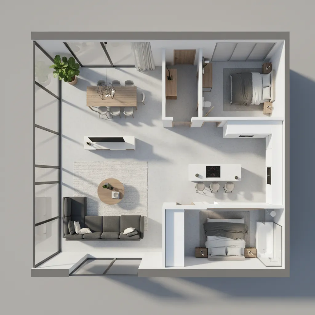 Top down interior design drawing of apartment layout with living room kitchen and two bedrooms