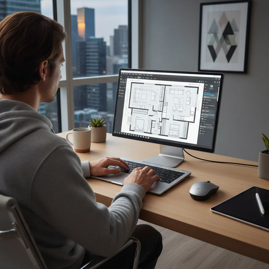 Persona planificando el diseño de una casa en un ordenador portátil