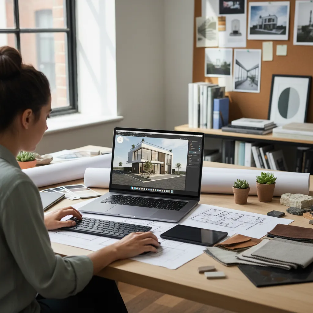 Person using laptop showing house interior design drawing with floor plans and materials on desk