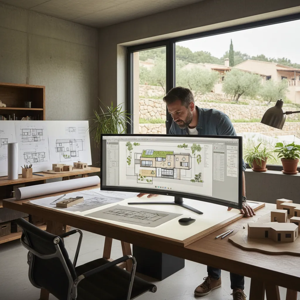 Arquitecto revisando plano digital de vivienda sostenible