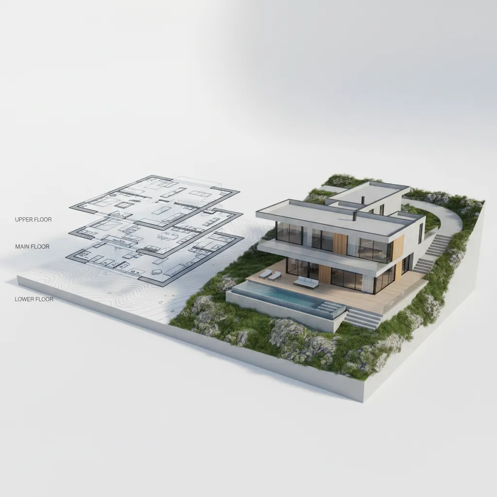 Plano arquitectónico mostrando niveles de una casa en terreno inclinado