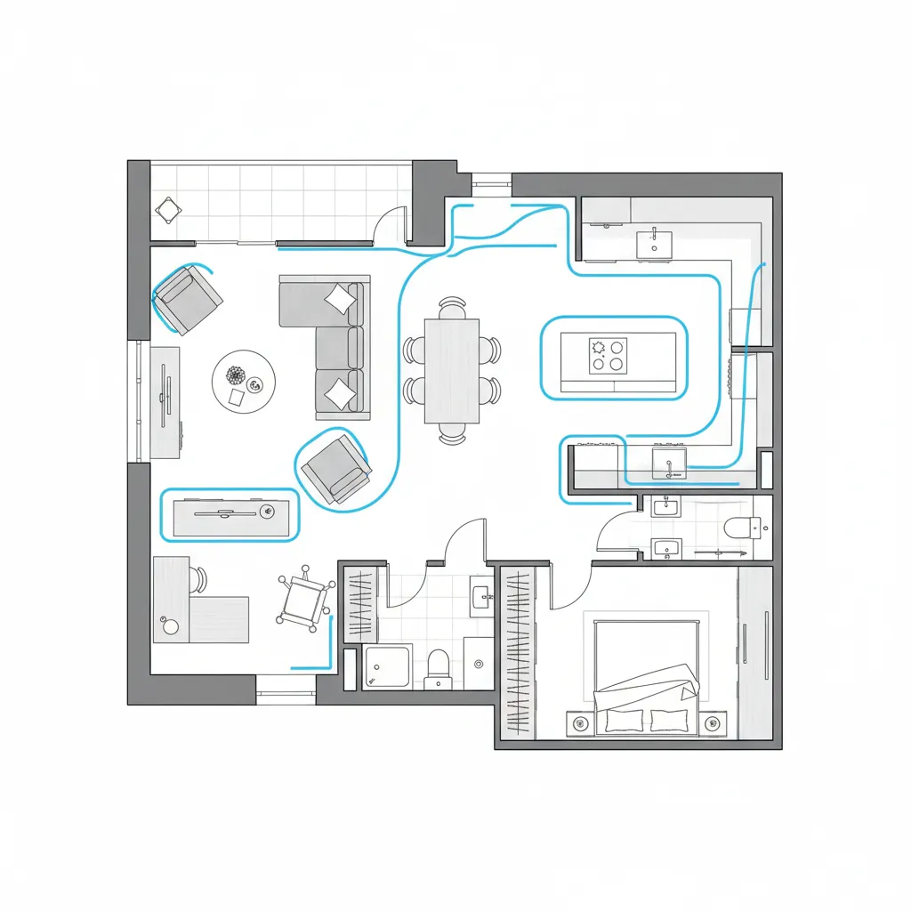Plano de vivienda mostrando zonas de circulación entre muebles