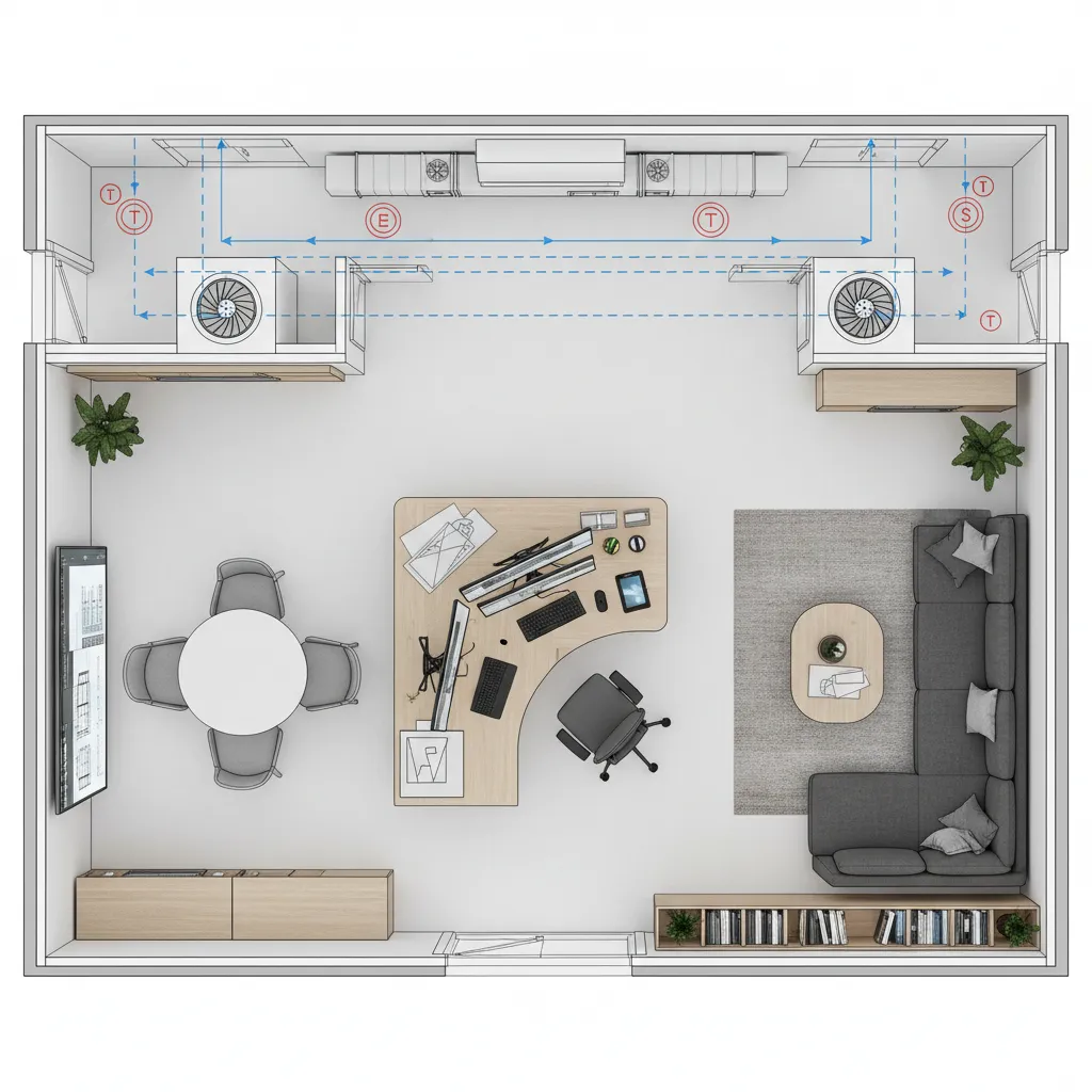 Plano interior con distribución de mobiliario y climatización