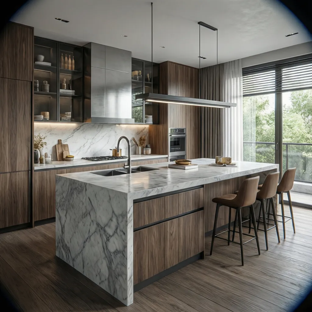 Diseño de cocina en modelo 3D con isla central