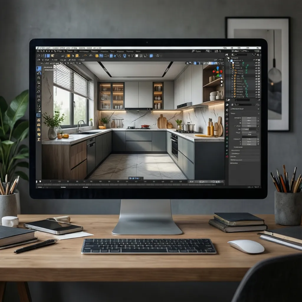 Computer monitor on wooden desk showing 3D kitchen design with grey cabinets and marble walls