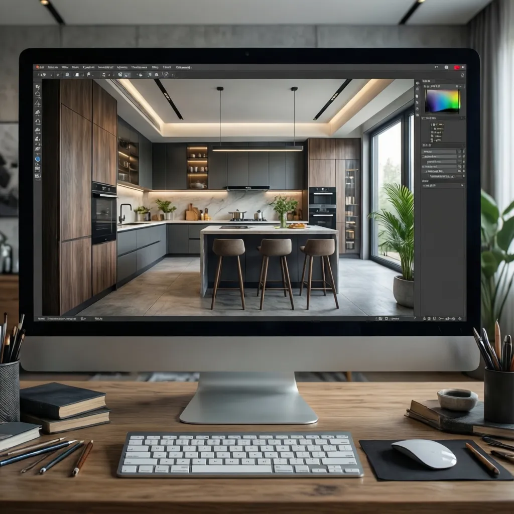 Computer screen showing a modern kitchen interior design drawing with dark cabinets and island table