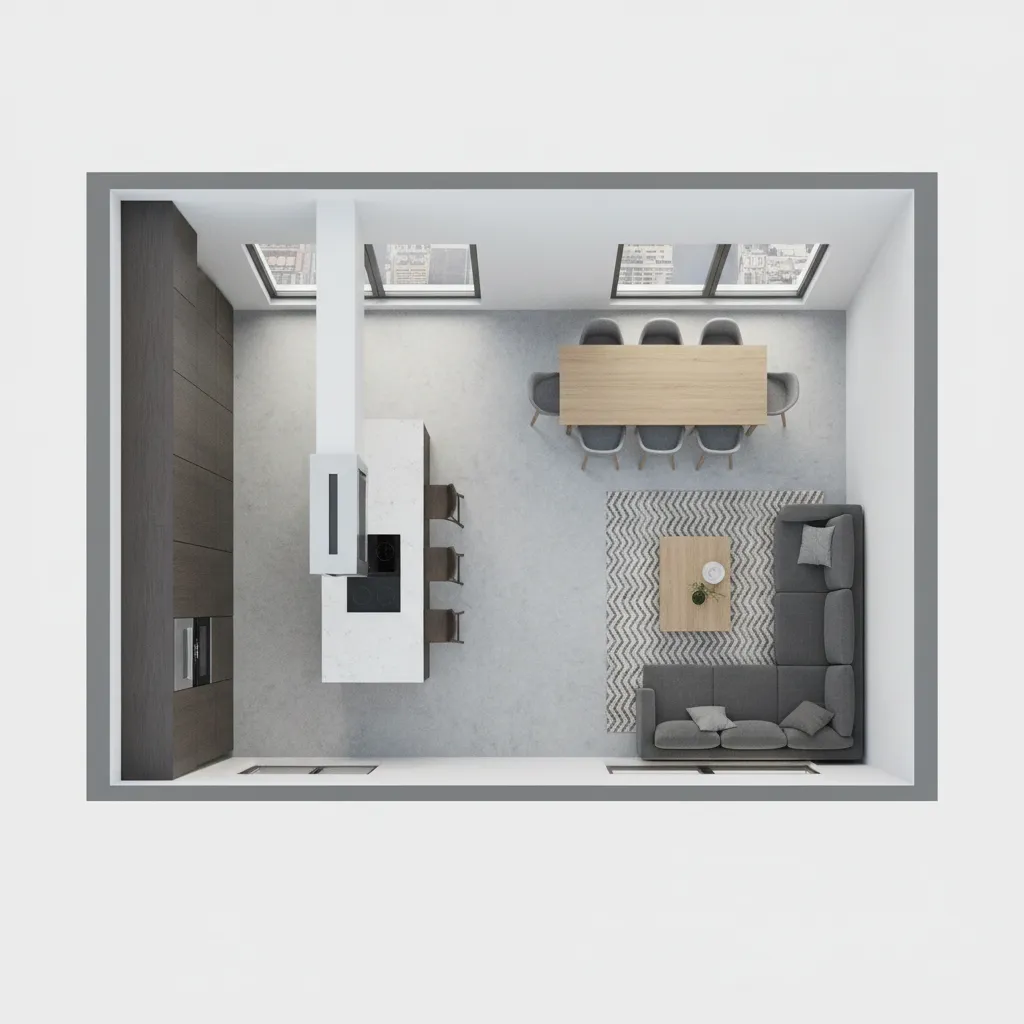 Interior design drawing showing top-down room layout with kitchen island, dining table, and grey sofa