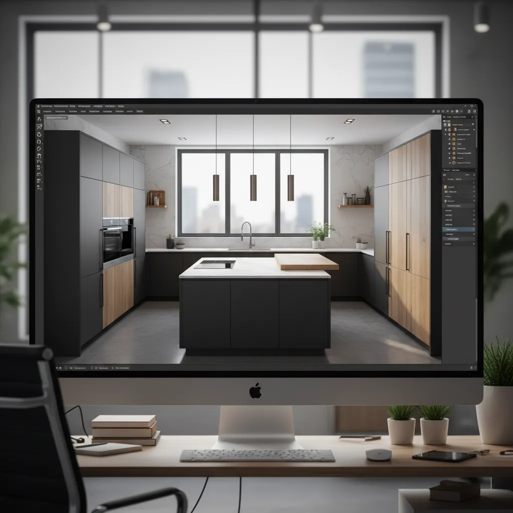 Visualización 3D de diseño de cocina antes de la construcción