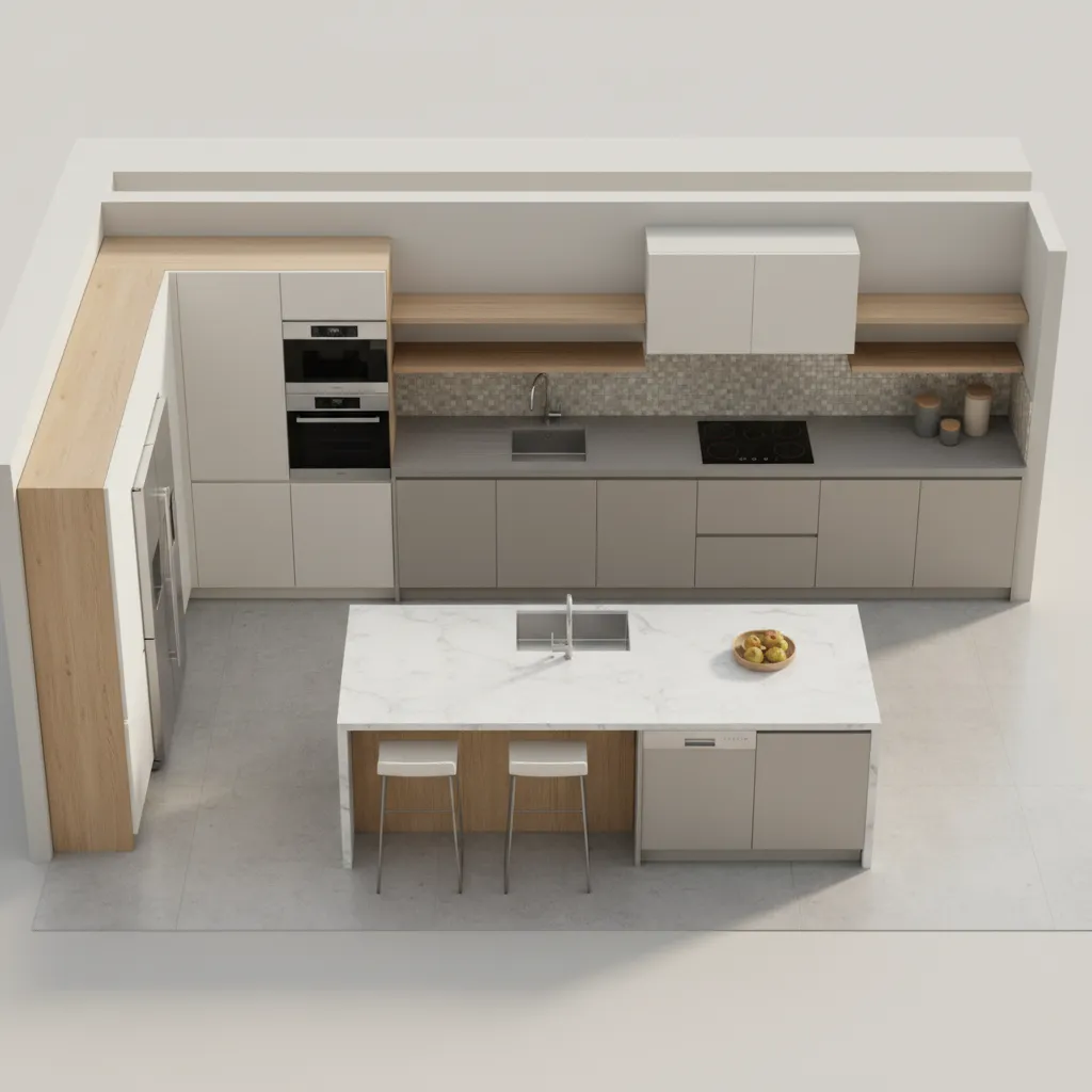 Modern kitchen interior design drawing with marble island white stools grey cabinets and wooden shelves