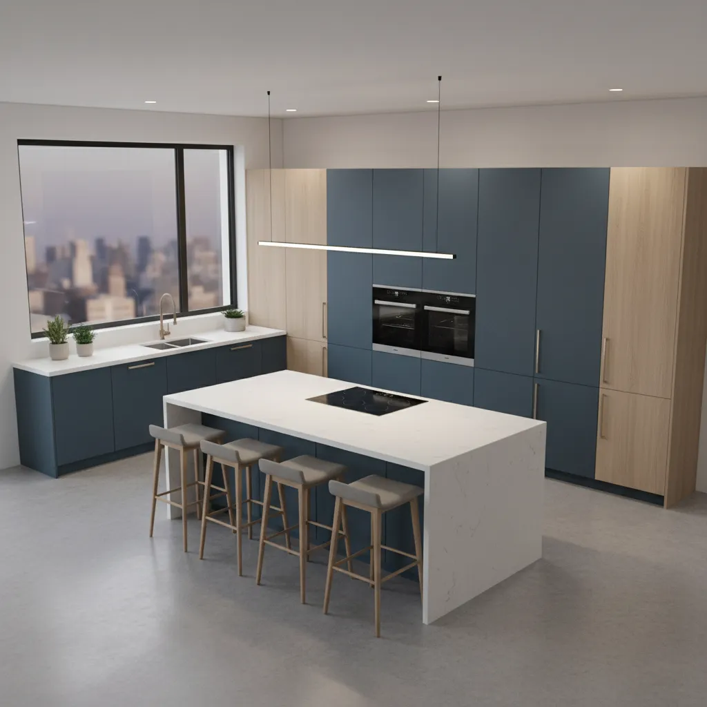 visualización 3D de planificación de una cocina residencial