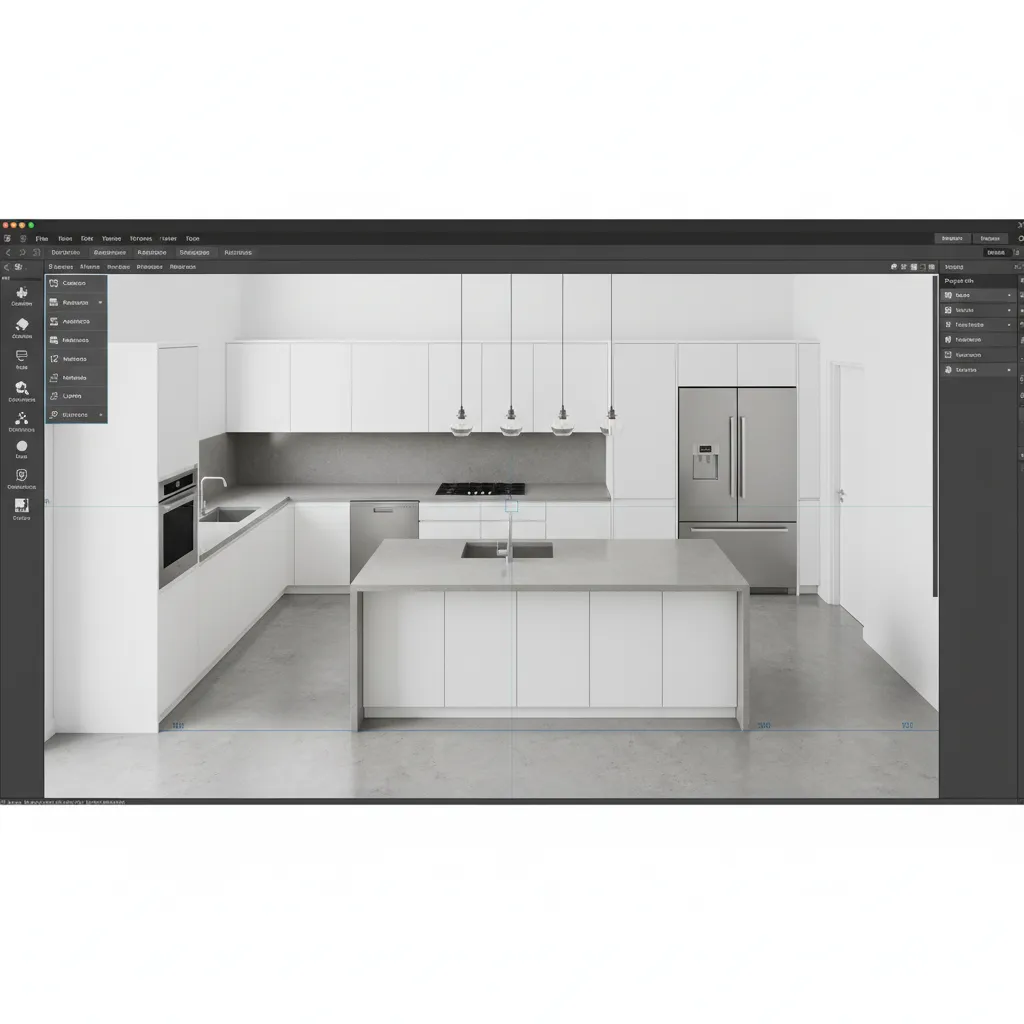Plano 3D de diseño de cocina mostrando distribución antes de construir