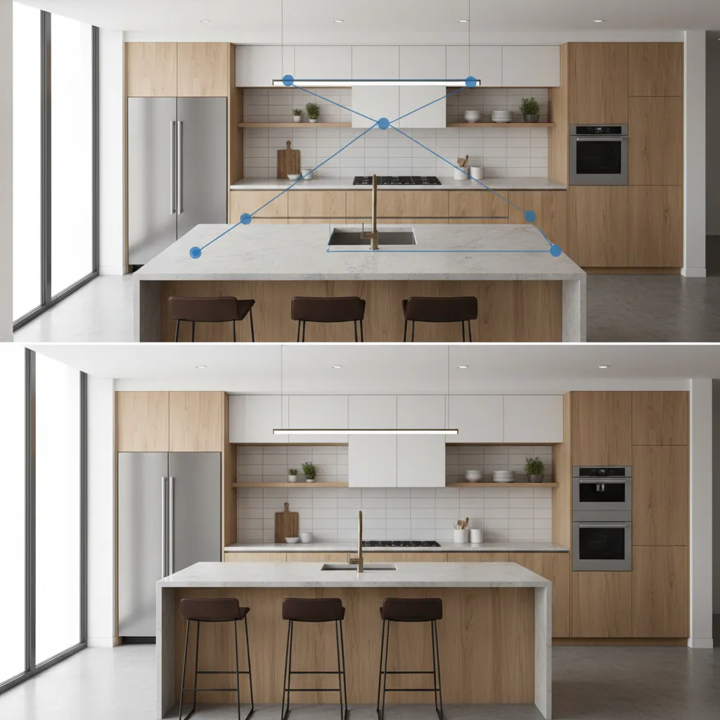 Before and after comparison of kitchen layout planning with wooden cabinets and a kitchen island