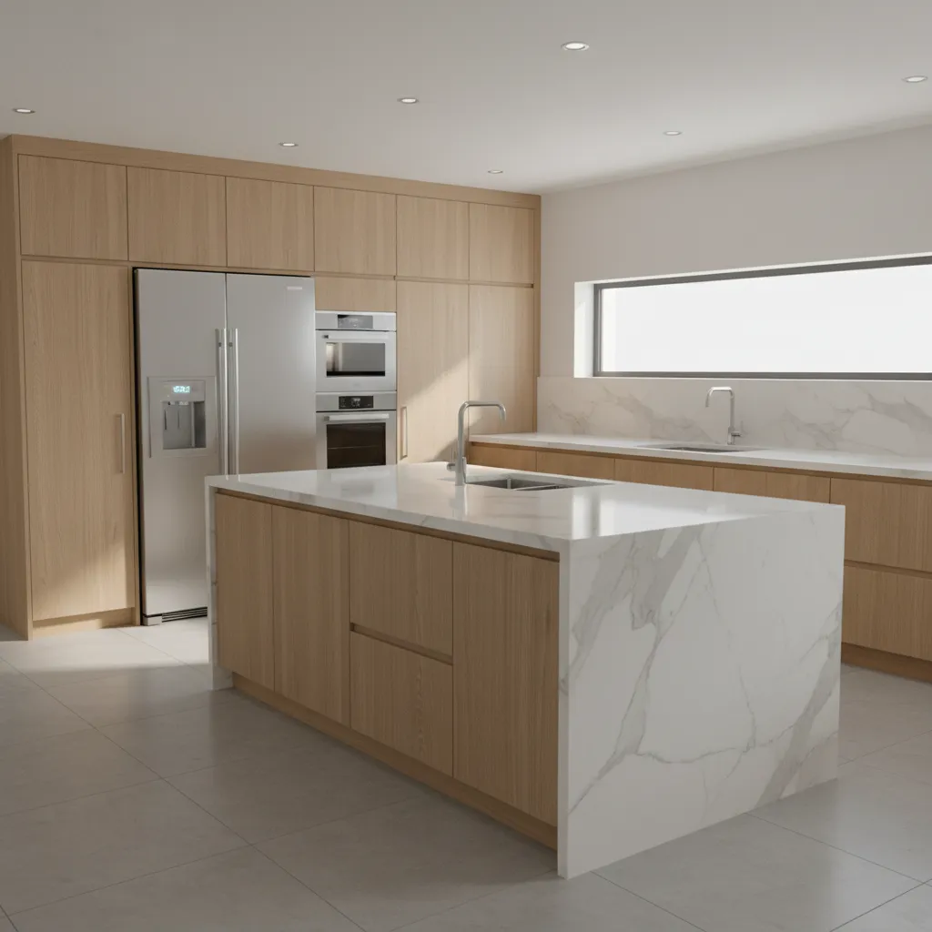 Modelo 3D de una cocina con distribución en isla diseñado digitalmente