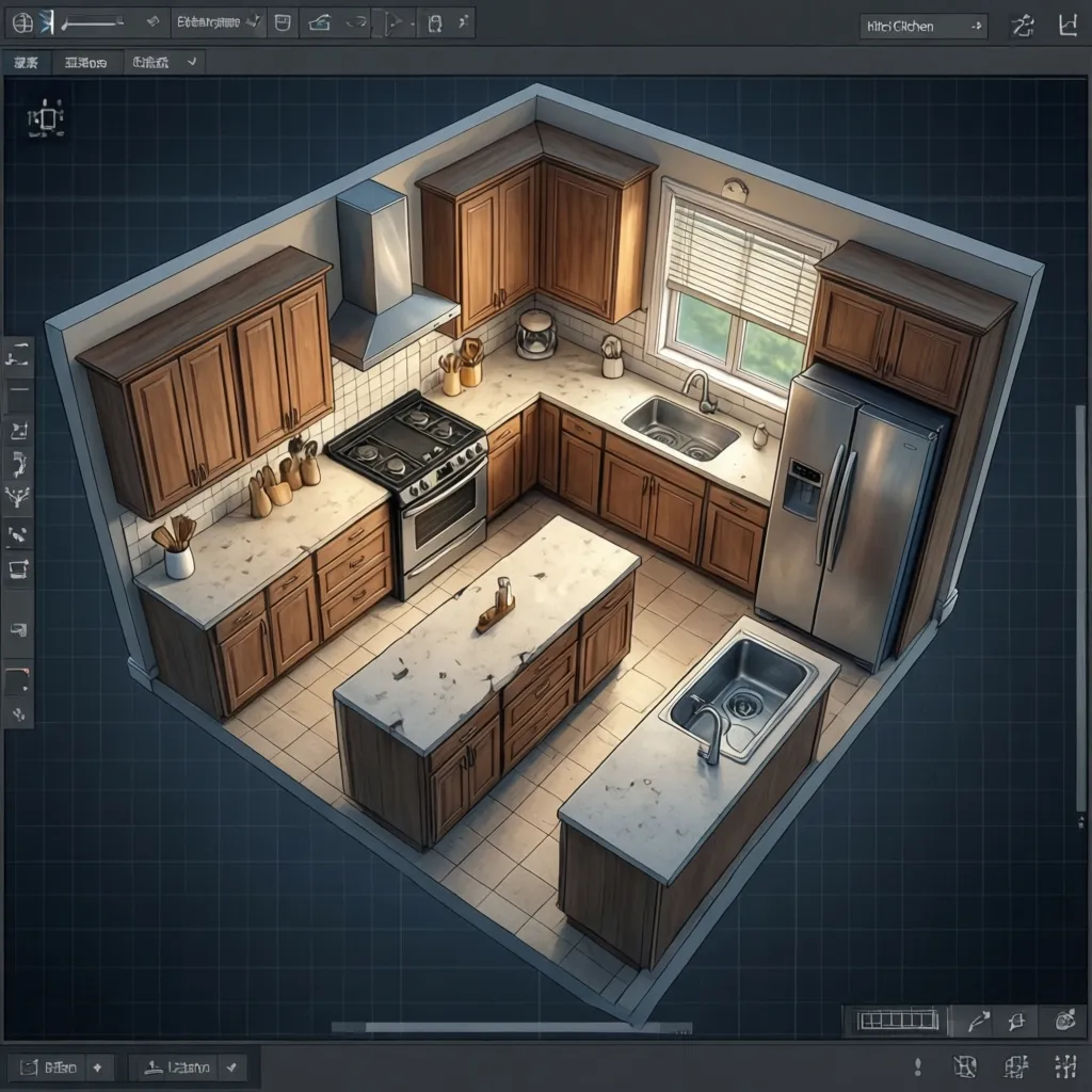 Plano digital de una cocina con electrodomésticos organizados