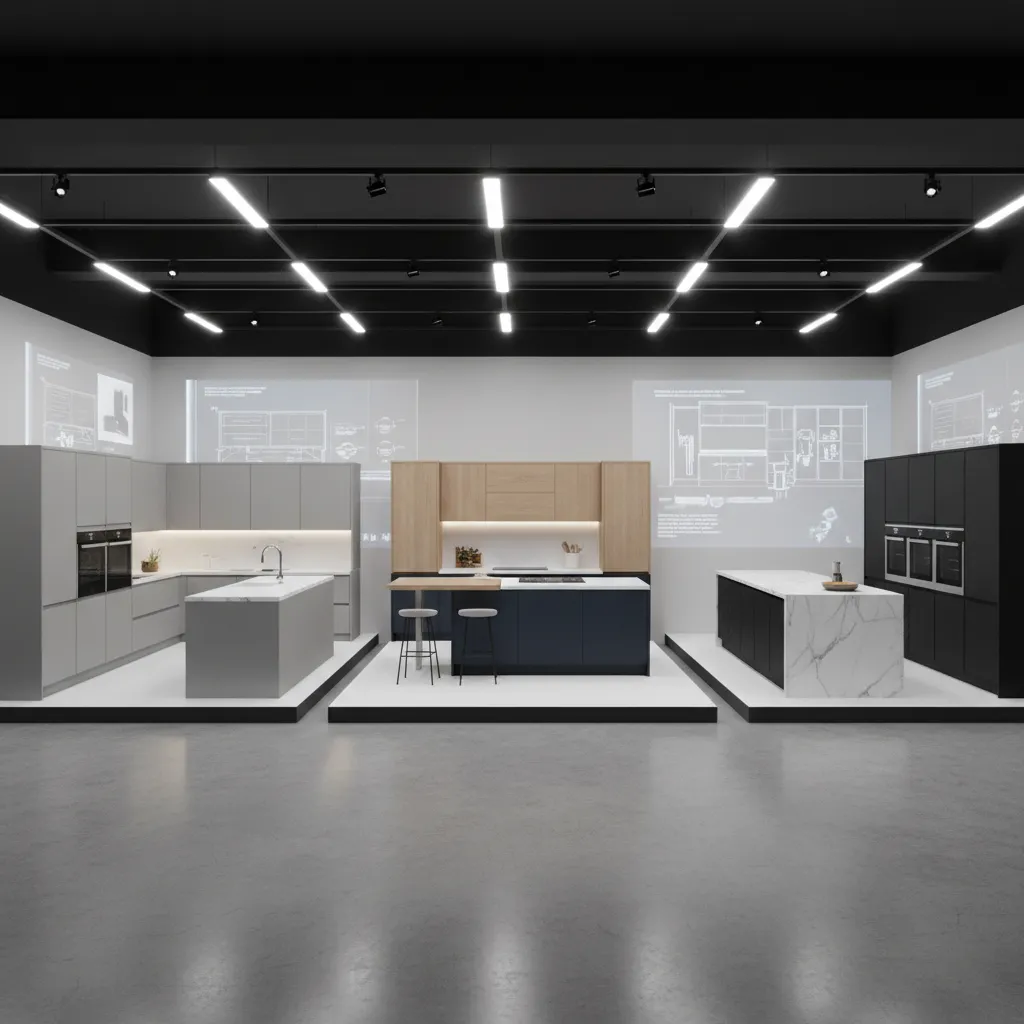 Three modern kitchen designs with islands and cabinets displayed in a professional interior design studio