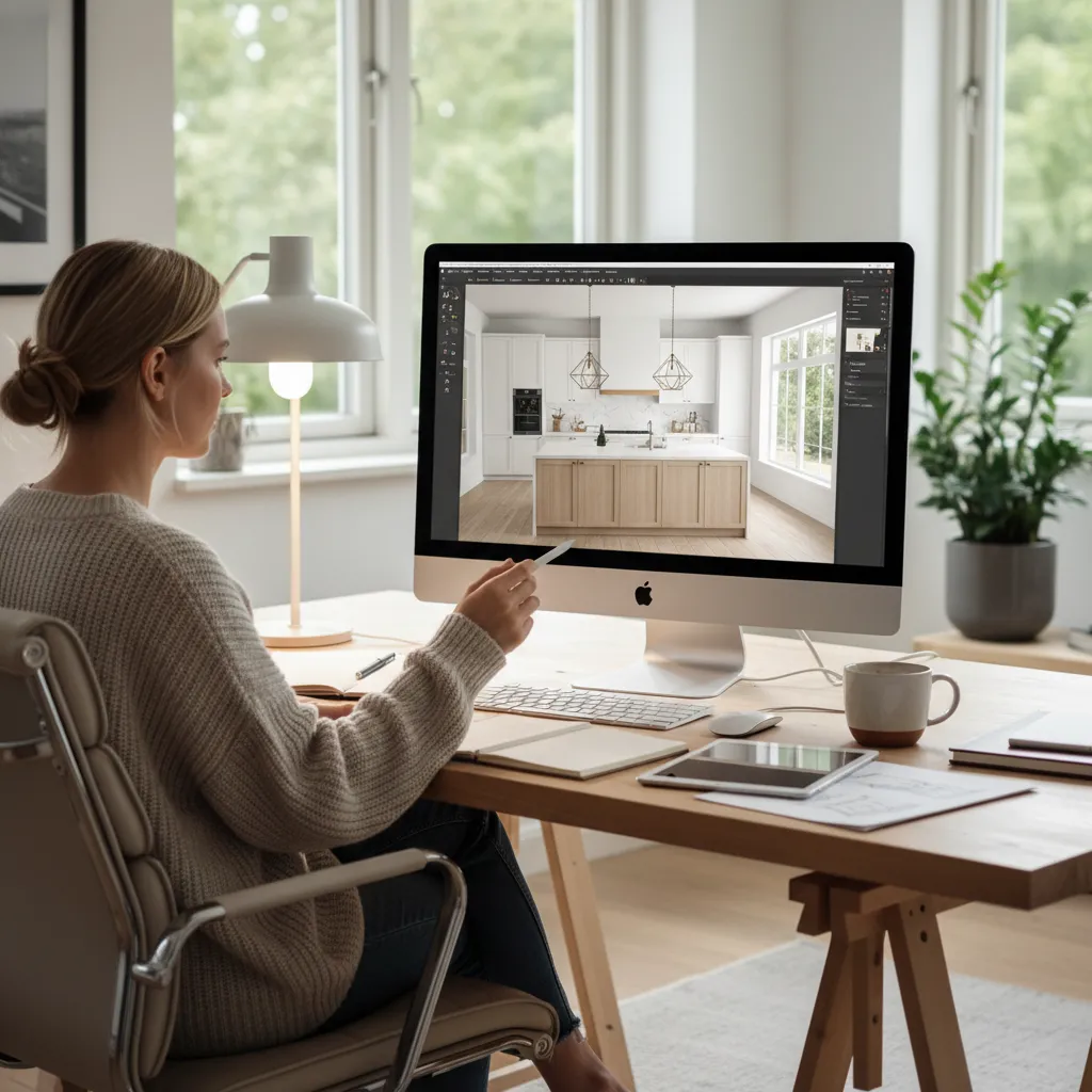 Diseñador planificando una cocina moderna en software 3D