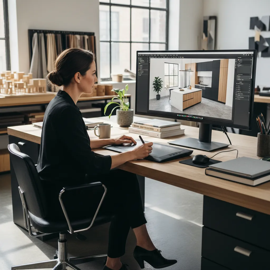 Female designer in studio using drawing tablet to create modern kitchen interior design on computer