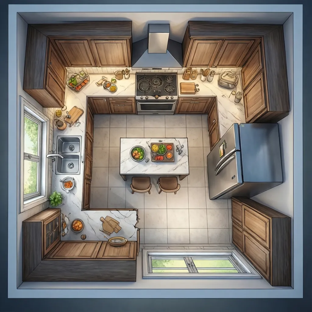 Plano de distribución de cocina con zonas de trabajo marcadas