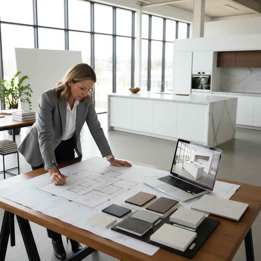 Diseñador planificando la distribución de una cocina moderna