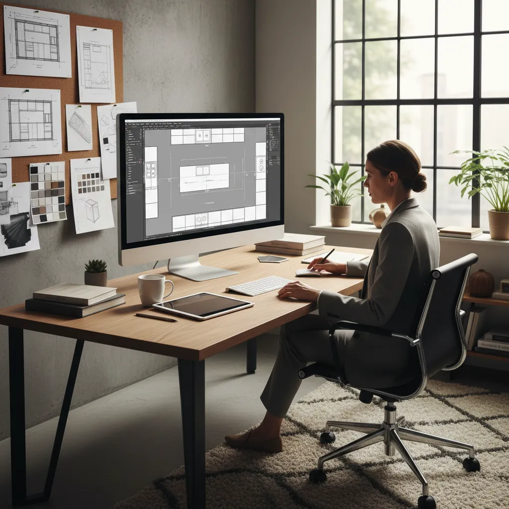 Diseñador planificando la distribución de una cocina en un ordenador