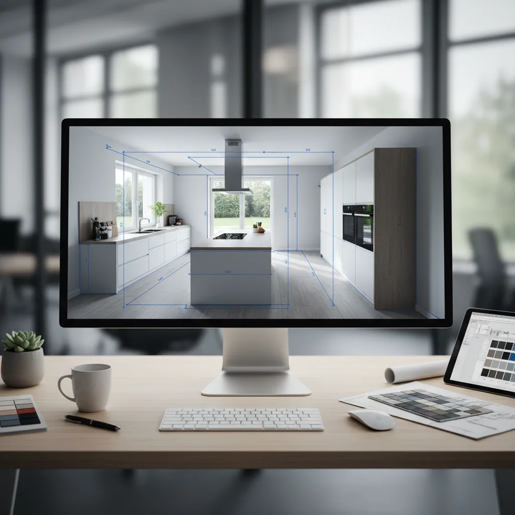 Computer monitor displaying professional kitchen interior design drawing with blue dimensions on modern wooden desk