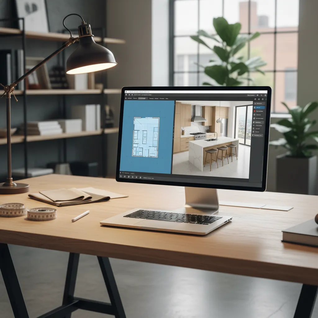 Plano digital de distribución de cocina en proceso de diseño