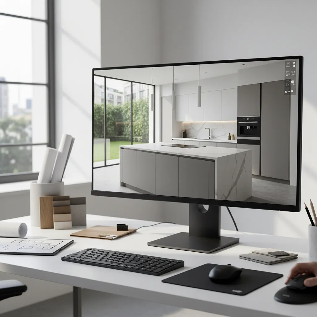 Computer monitor displaying modern kitchen interior design drawing with grey island on white office desk
