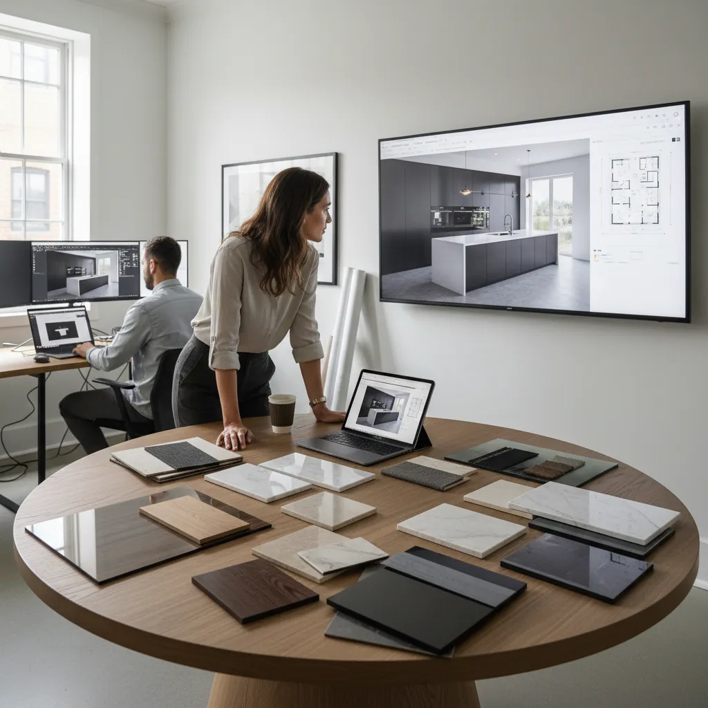 Interior designers looking at kitchen design on large screen with material samples on round table