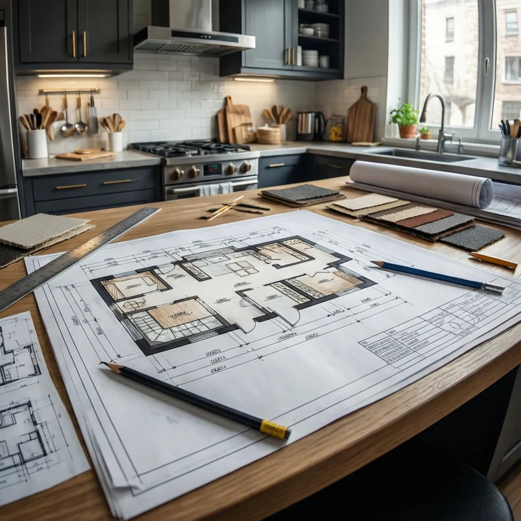 Interior design drawing on a wooden kitchen counter with pencils, rulers, and various fabric samples