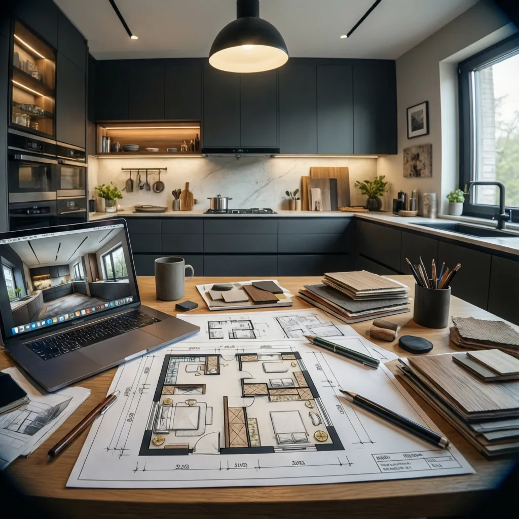 Wooden desk with floor plan laptop material samples and modern black kitchen with warm light