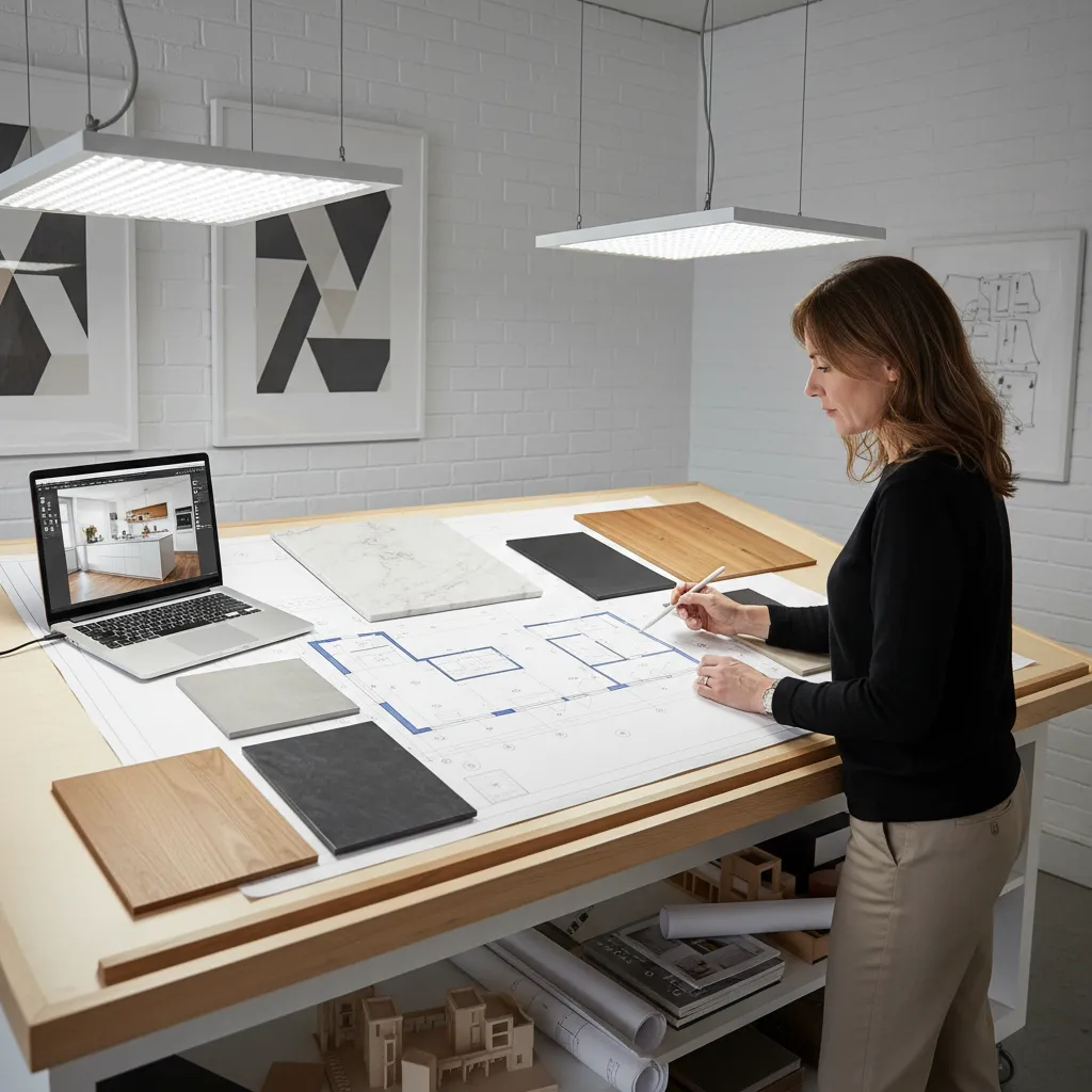 diseñador planificando la distribución de una cocina moderna