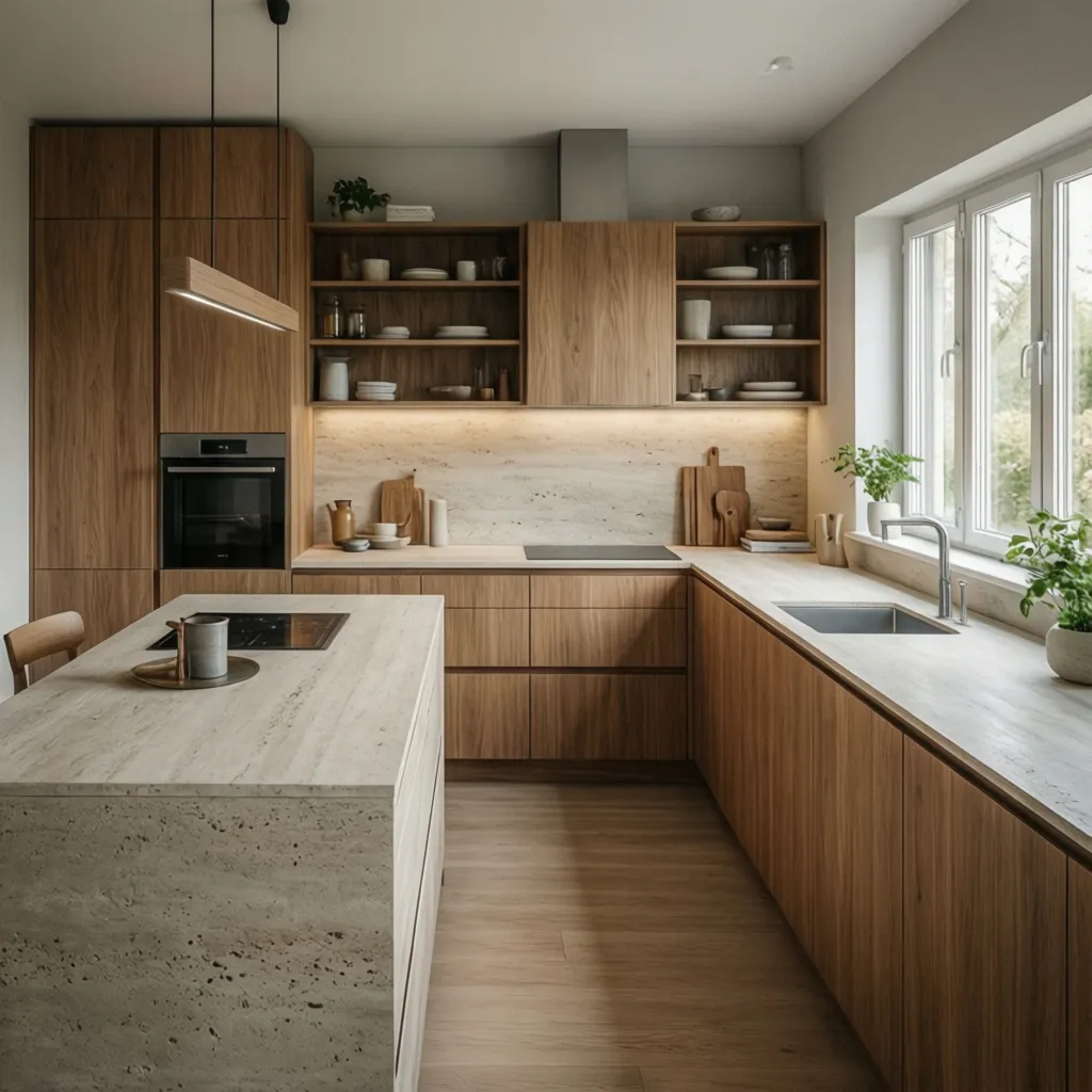 Diseño de cocina moderna con distribución de módulos y encimera clara