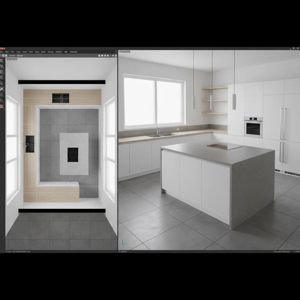 Diseño digital de distribución de cocina en software 3D