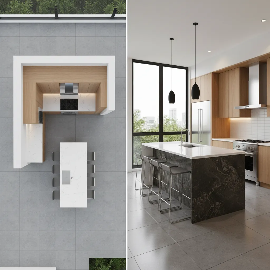 Diseño digital de cocina con módulos y electrodomésticos organizados