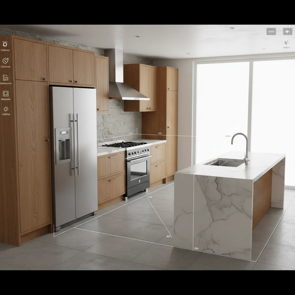 Coohom kitchen interior design drawing showing wooden cabinets marble island and layout with measurement lines